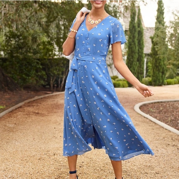 NEW! Talbots Scattered Floral Tie Front Midi Dress 6 Petite Daisy Blue Wedding - Picture 1 of 8